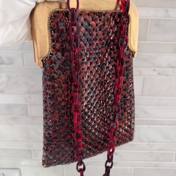 Vtg MCM  Whiting & Davis Tortoise Enamel Mesh Gold Framed Purse Bag Lucid Chain - Picture 9 of 15